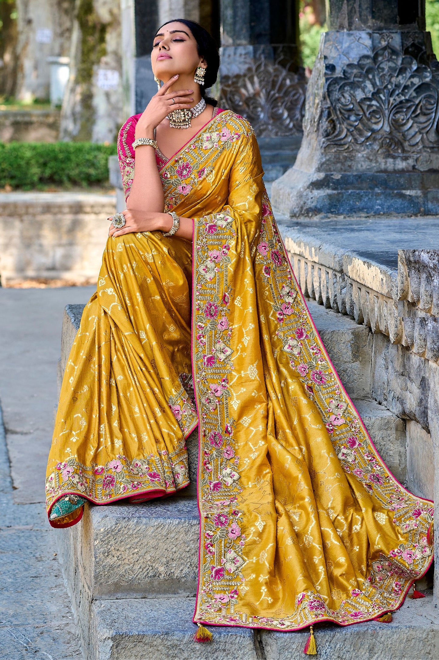 Yellow Heavy Silk Saree With Designer Blouse , Indian Wedding & Function Wear Saree For Women - Marriott Fashion