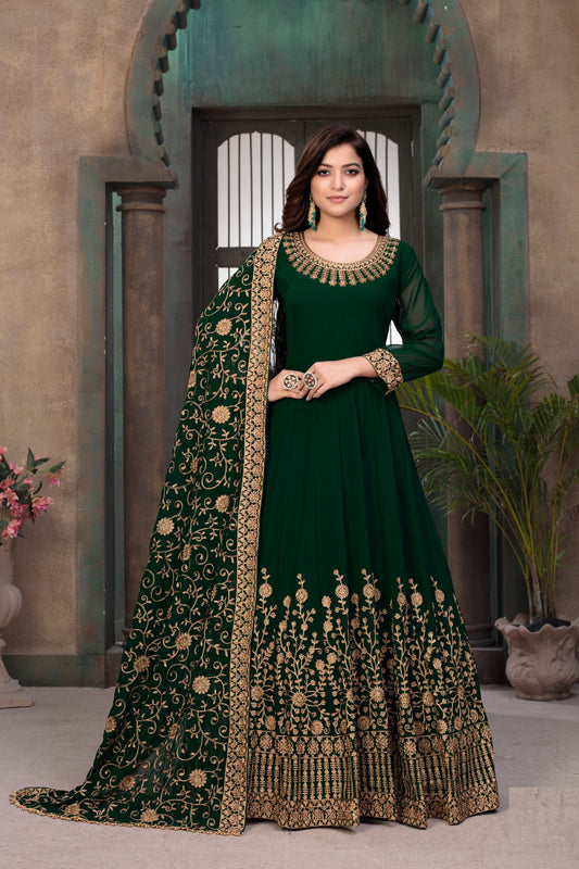 Long Anarkali Green Colored Faux Georgette Gown Suit With Designer Embroidery Worked Dupatta - Marriott Fashion