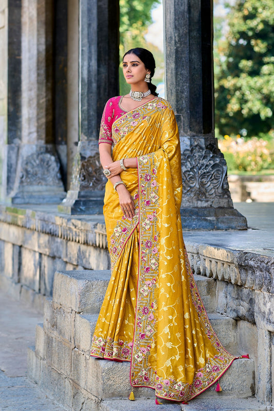 Yellow Heavy Silk Saree With Designer Blouse , Indian Wedding & Function Wear Saree For Women - Marriott Fashion