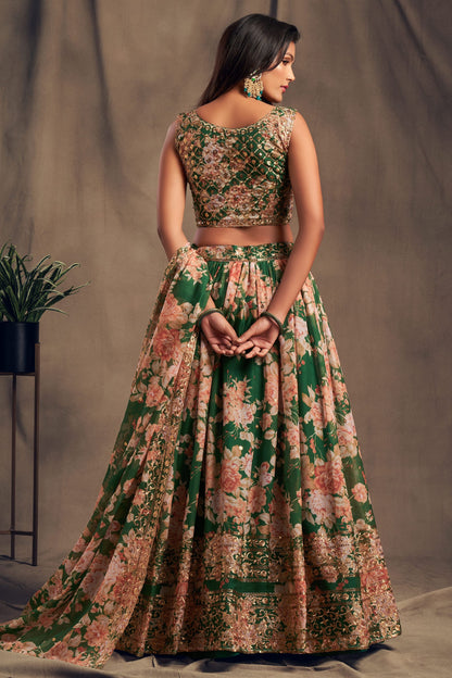 Green Printed Organza Sequence And Zari Worked Indian Wedding & Festival Wear Lehenga Choli