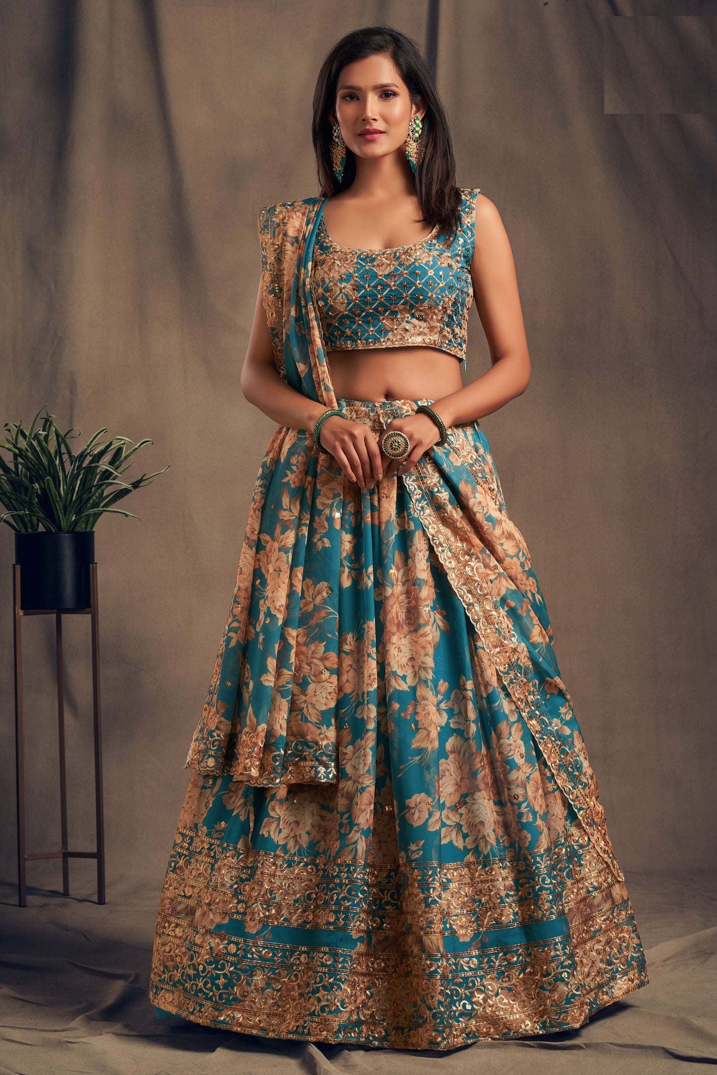 Teal Blue Organza Sequence And Zari Worked Festival Wear Printed Lehenga Choli