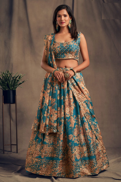 Teal Blue Organza Sequence And Zari Worked Festival Wear Printed Lehenga Choli