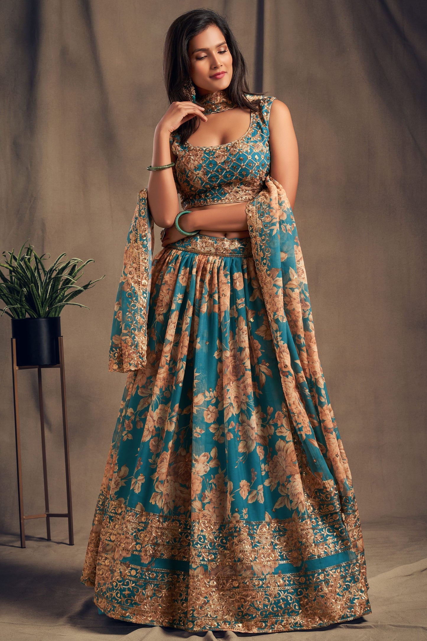 Teal Blue Organza Sequence And Zari Worked Festival Wear Printed Lehenga Choli