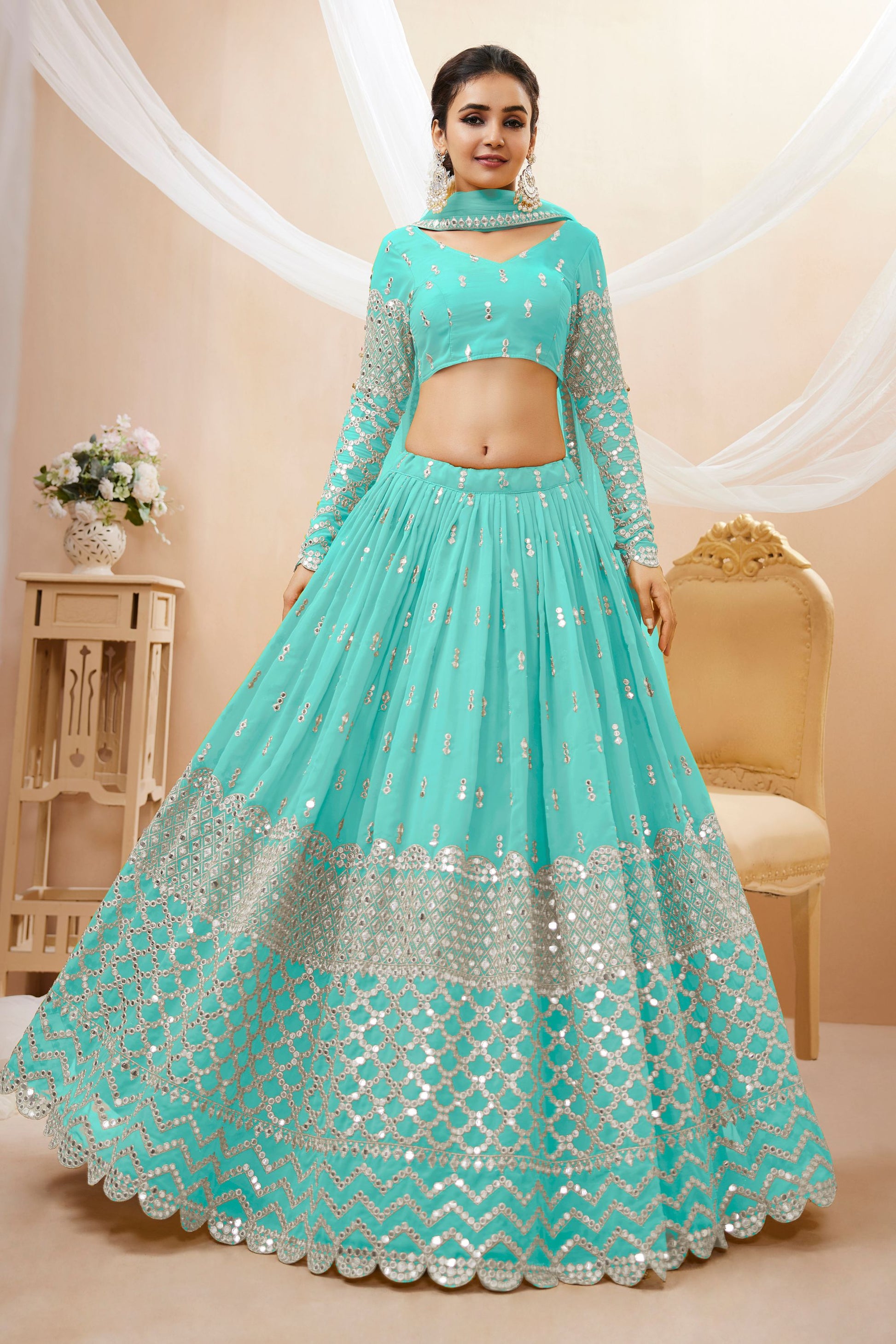 Sky Blue Colored Designer Lehenga Choli In Heavy Georgette With Embroidery And Sequence Worked Dupatta - Marriott Fashion