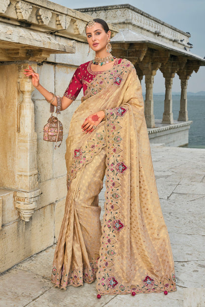 Marron Pure Bandhej Silk Mirror And Thread Worked Indian Wedding Wear Saree