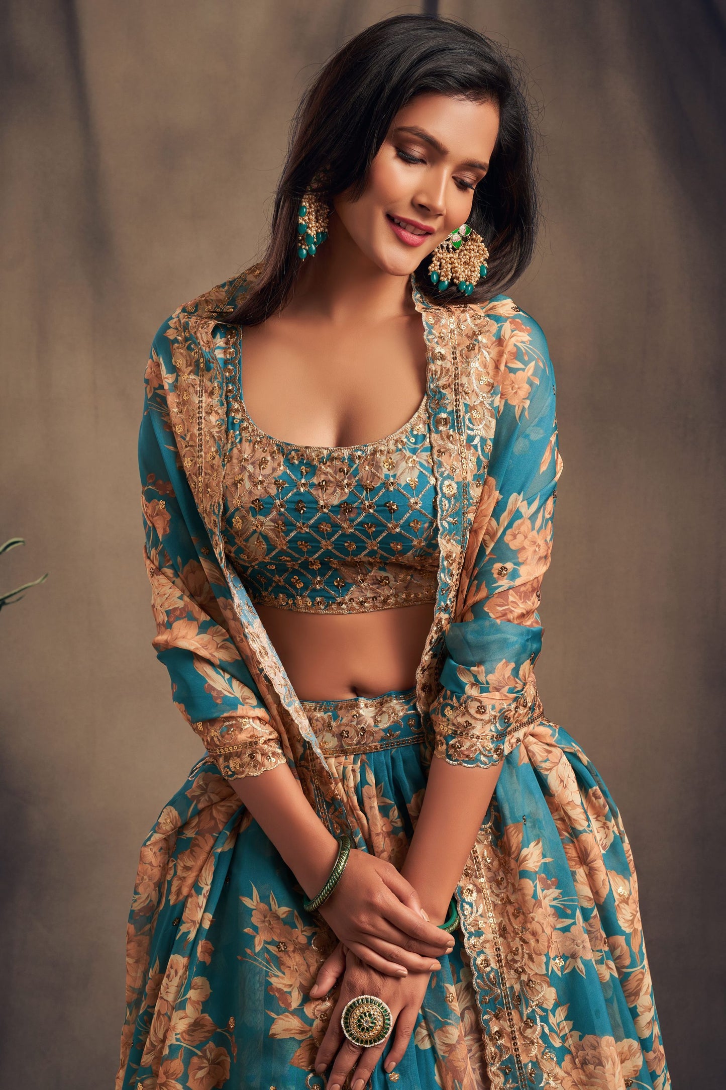 Teal Blue Organza Sequence And Zari Worked Festival Wear Printed Lehenga Choli