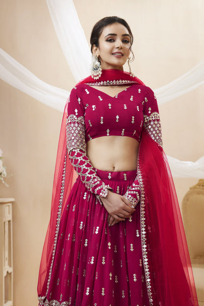 Beautiful Rani Pink Colored Lehenga In Georgette, Designer Blouse With Embroidery Worked Dupatta - Marriott Fashion