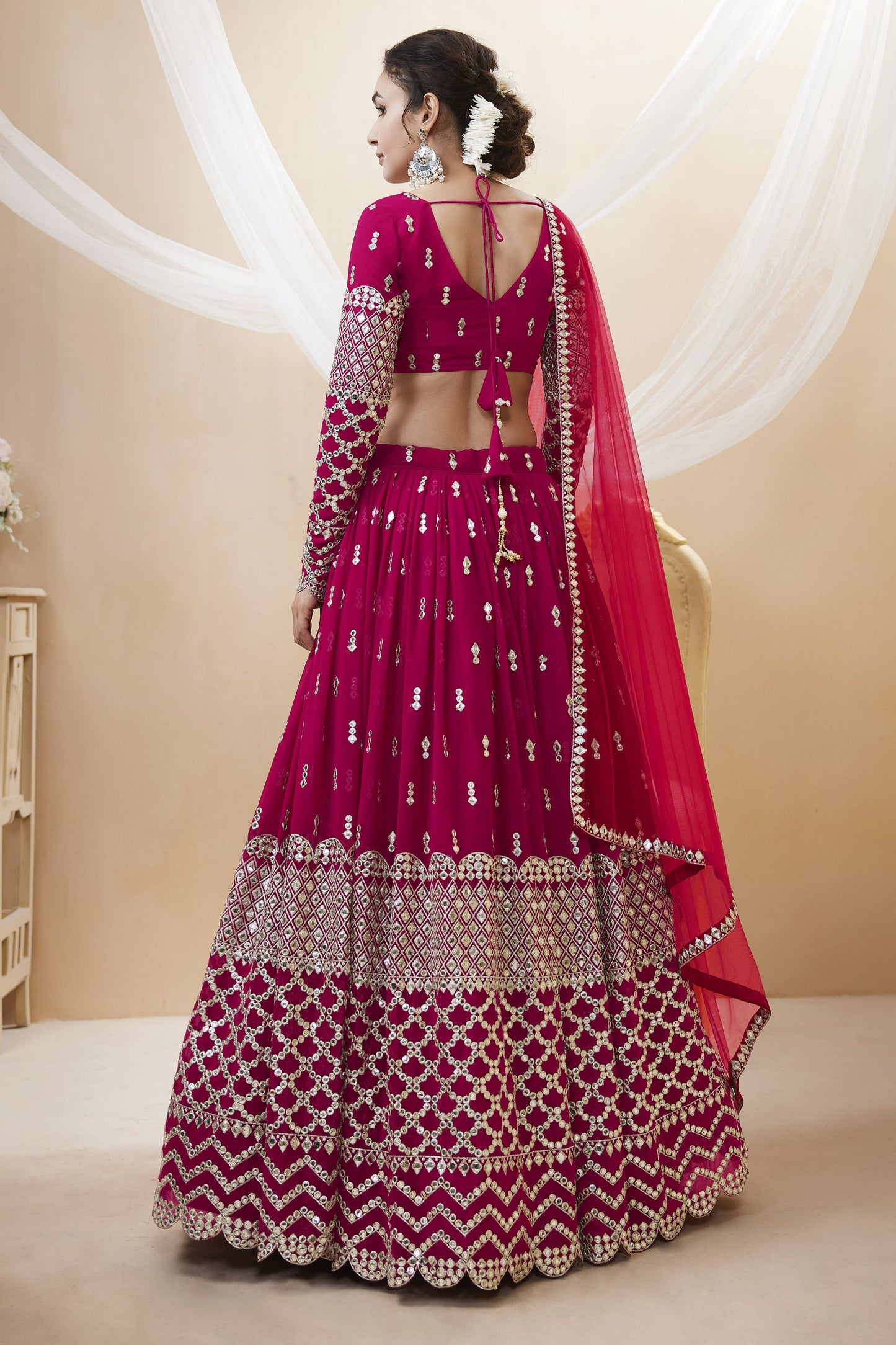 Beautiful Rani Pink Colored Lehenga In Georgette, Designer Blouse With Embroidery Worked Dupatta - Marriott Fashion