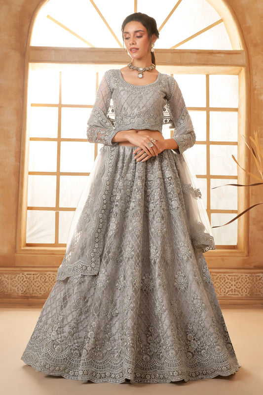 Wonderful Grey Colored Heavy Net Lehenga Choli With Designer Dupatta, Wedding & Party Wear Lehenga Choli - Marriott Fashion