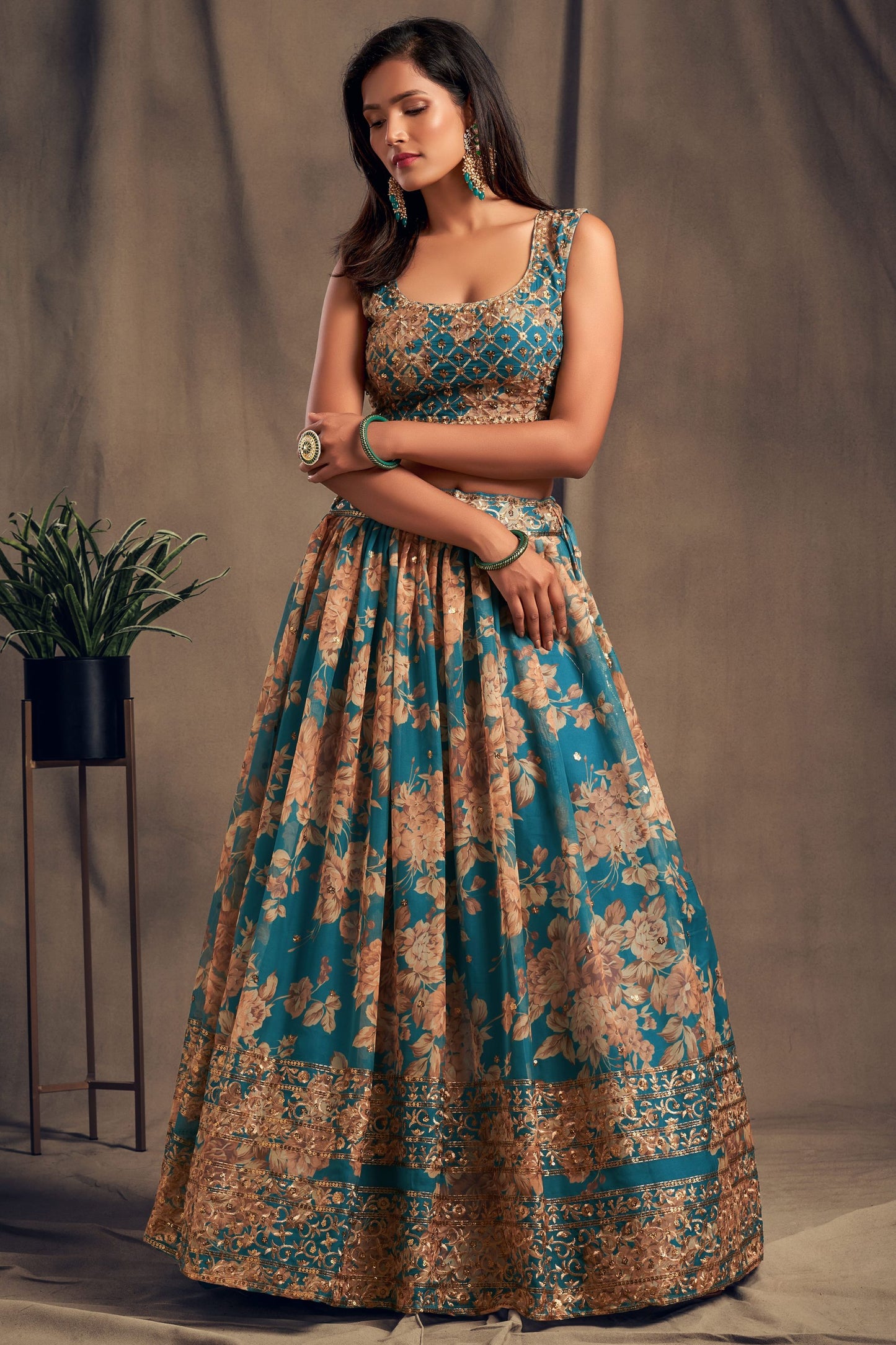 Teal Blue Organza Sequence And Zari Worked Festival Wear Printed Lehenga Choli