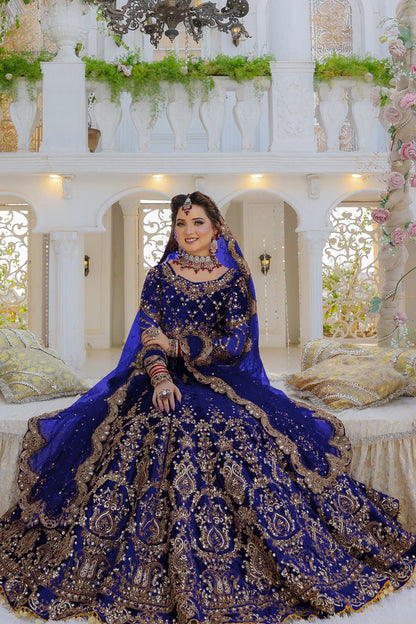 Blue Colored Heavy Velvet Designer Bridal Wear Lehenga Choli With Soft Net Dupatta, Embroidery & Sequence Worked Lehenga Choli - Marriott Fashion