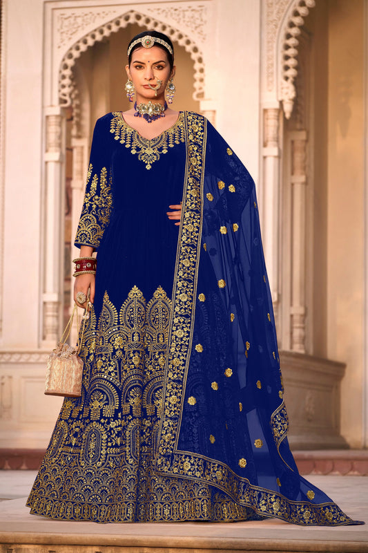 Blue 9000 Velvet Embroidery Worked Wedding Reception Party Wear Anarkali Gown