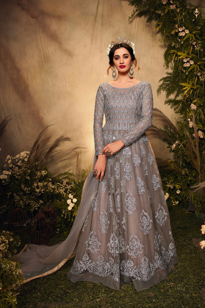 Designer Wedding Wear Heavy Net Anarkali Gown With Beautiful Dupatta, Attractive Outfit Wear Embroidery& Sequence Worked Gown Suit - Marriott Fashion