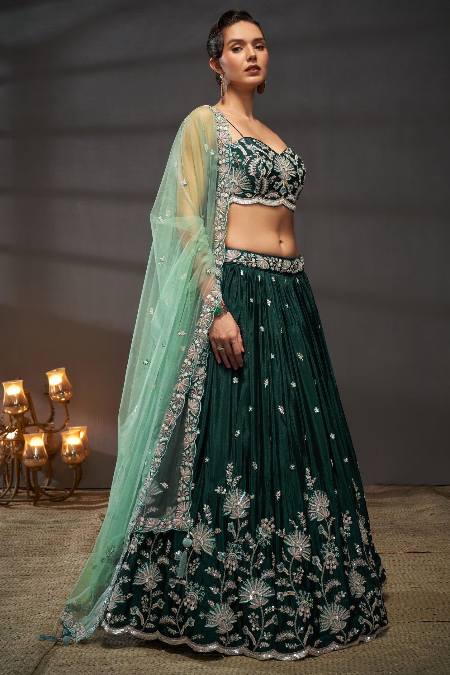 Green Heavy Chiffon Sequence Worked Wedding Function Wear Fancy Lehenga Choli