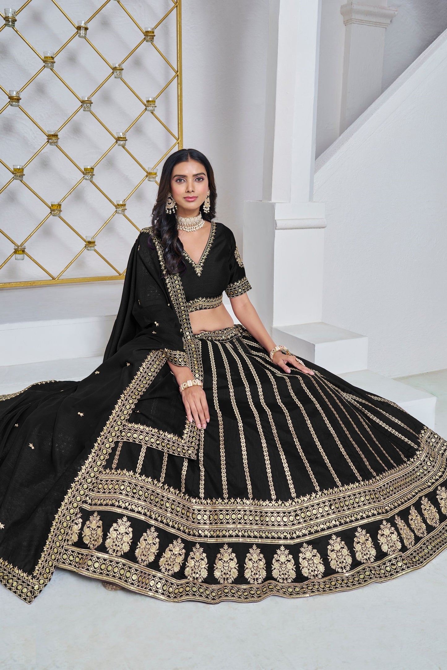 Black Colored Art Silk Lehenga Choli With Embroidered Dupatta for Indian Wedding & Festival Wear - Marriott Fashion