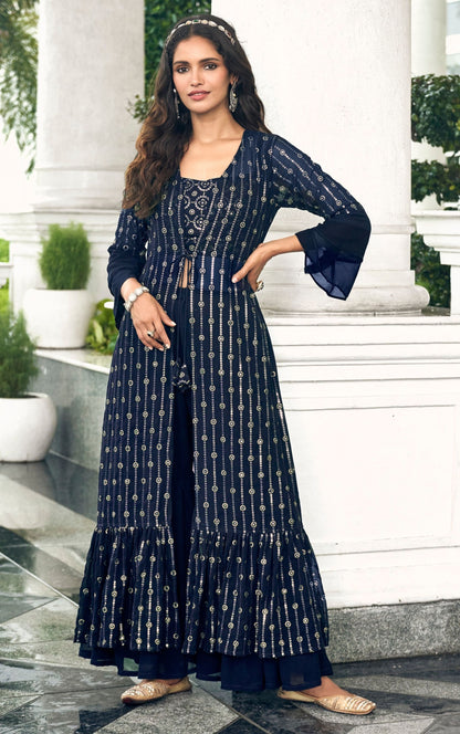 Blue Faux Georgette Embroidery Worked Wedding Wear Ready Made Sharara Suit