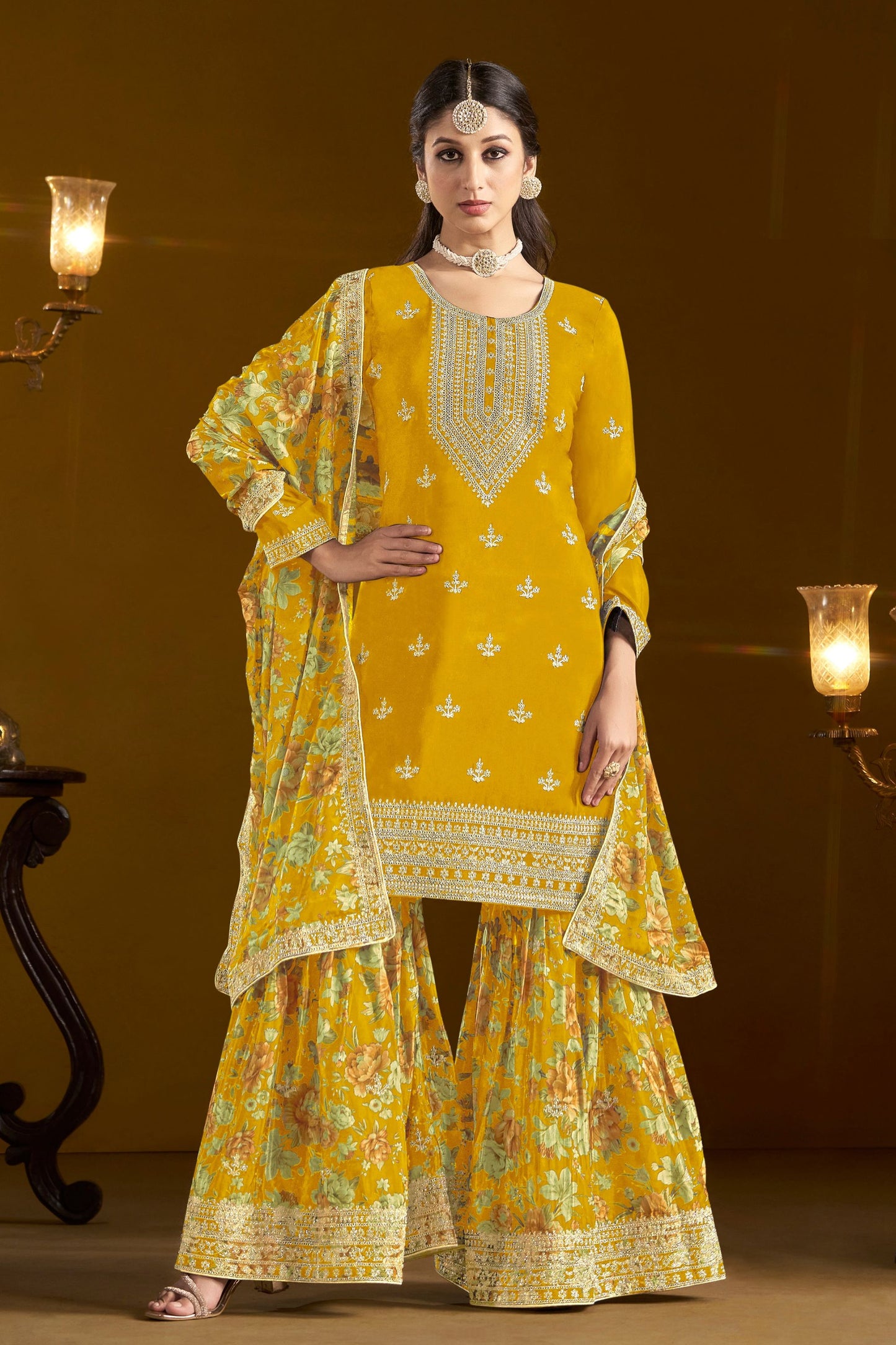 Yellow Heavy Chinon Embroidery & Printed Worked Wedding & Festival Wear Fancy Palazzo Suit