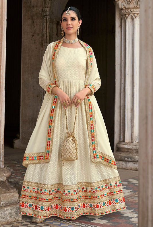 Gorgeous White Real Georgette Heavy Embroidery Worked Festival Wear Anarkali Gown