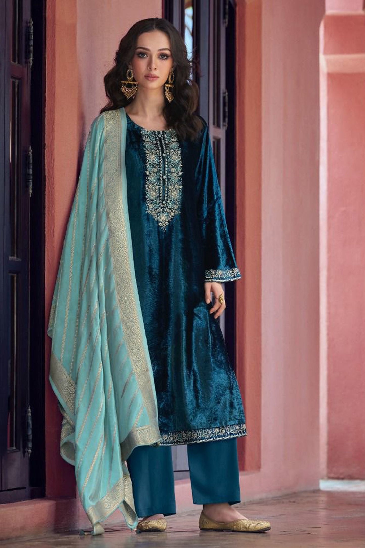 Blue Pure Viscose Velvet Pakistani Wedding & Festival Wear Salwar Kameez