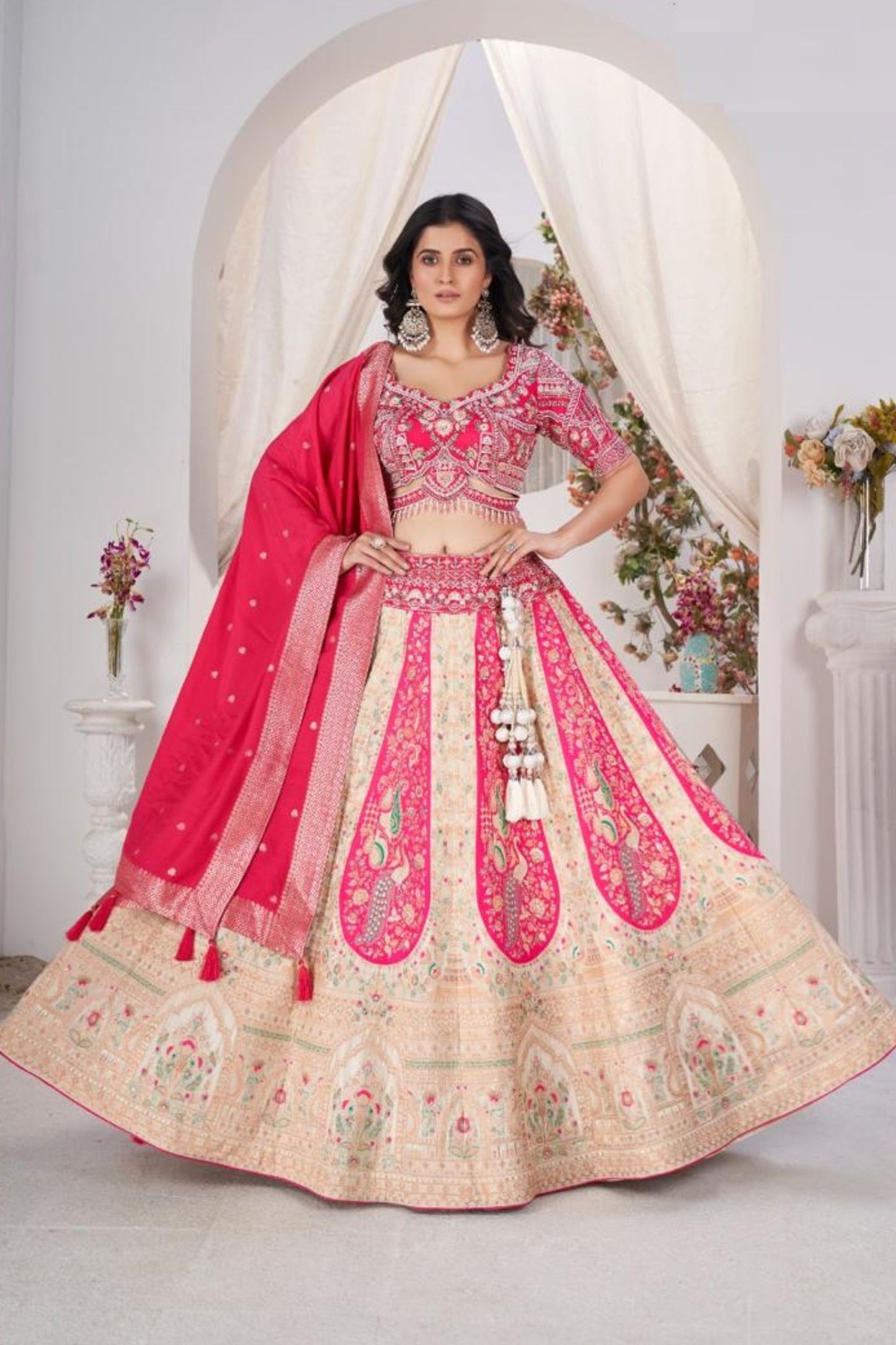 Designers Indian wedding Wear with Jacquard Lehenga Choli, Designer Blouse Piece With Silk Dupatta Dupatta - Marriott Fashion