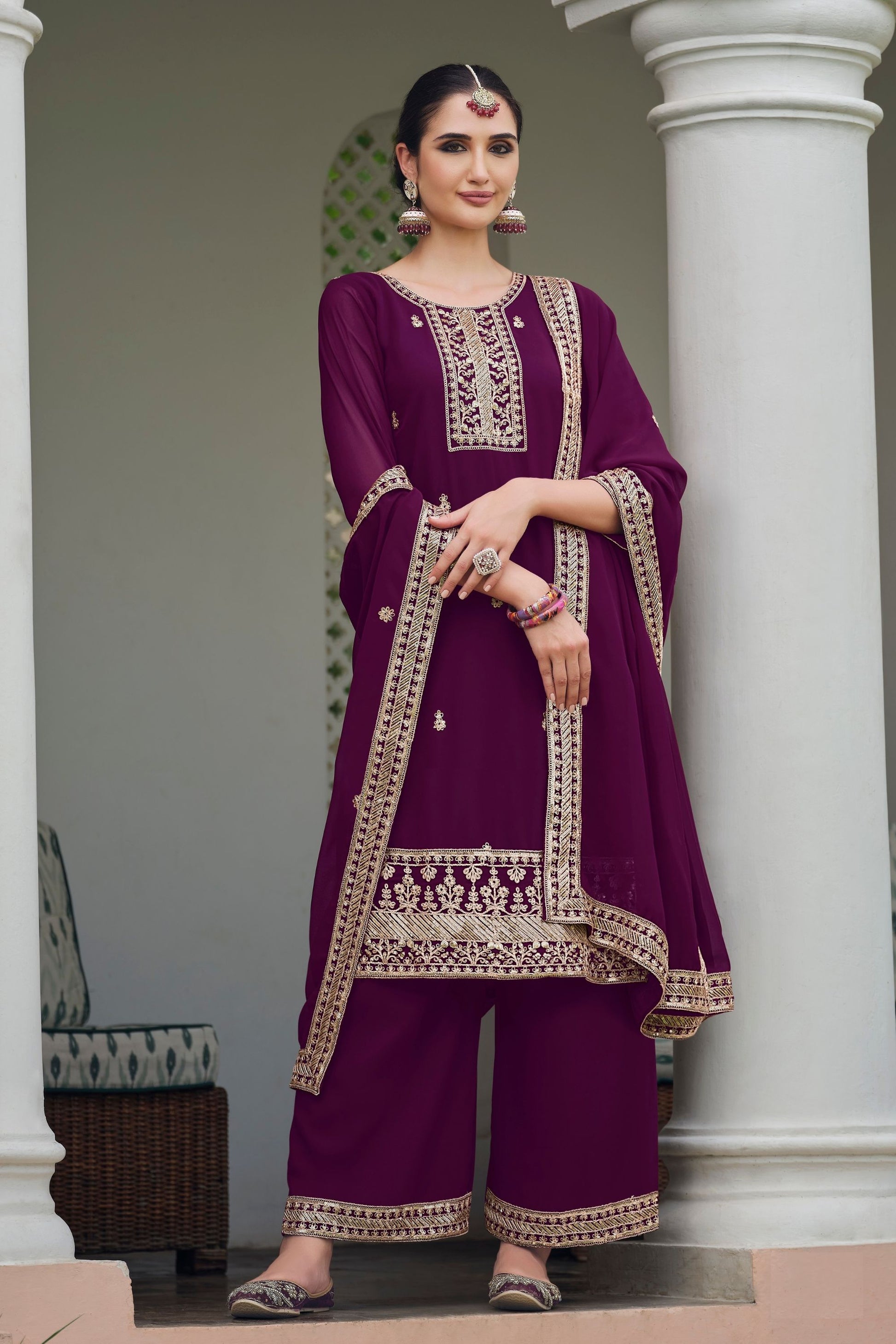 Purple Real Georgette Palazzo Suit for Indian Festival Wear With Embroidered Dupatta, Designer Salwar Kameez - Marriott Fashion