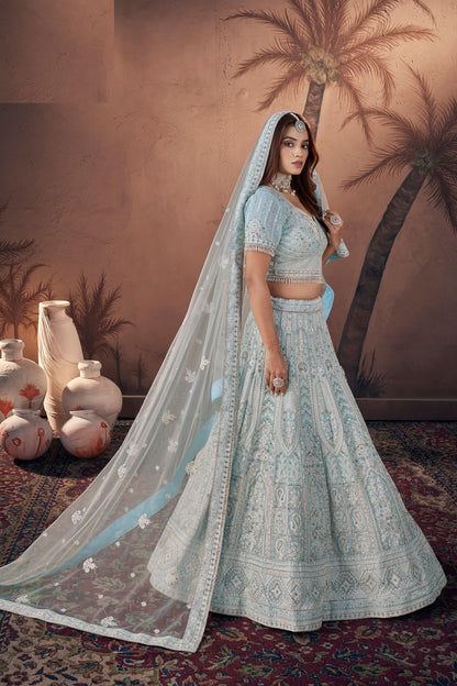 Sky Blue Colored Heavy Georgette Lehenga With Soft Net Dupatta, Engagement & Wedding Party Wear Lehenga Choli - Marriott Fashion