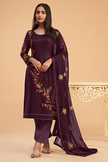 Wine Georgette Multi Thread Worked Festival Wear Salwar Kameez