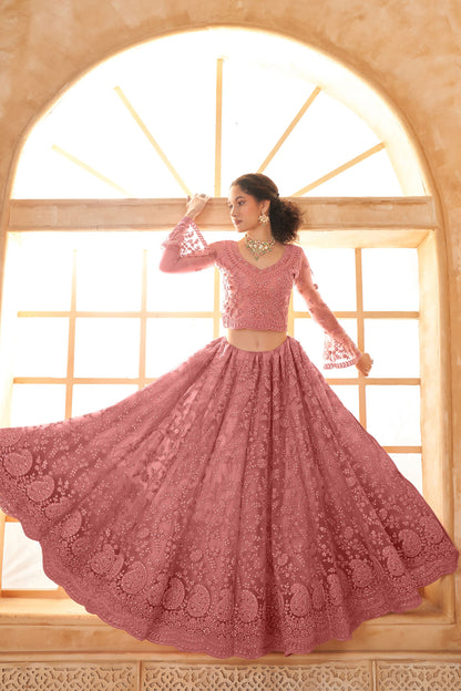 Pink Colored Heavy Net Lehenga Choli With Embroidery Worked Dupatta, Engagement Wear Lehenga Choli - Marriott Fashion