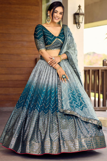 Blue Colored Heavy Chinon Lehenga With Soft Net Dupatta, Engagement Wear Lehenga Choli - Marriott Fashion