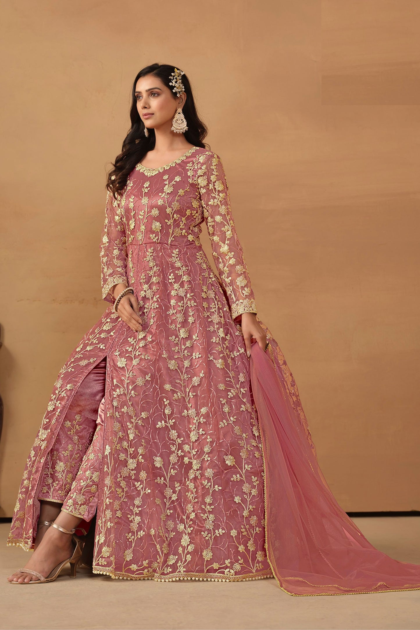 Pink Colored Heavy Net Anarkali Gown Suit, Satin Bottom With Dupatta, Festival Wear Slit Style Long Salwar Kameez For Women - Marriott Fashion