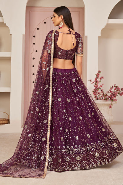 Wine Colored Heavy Net Lehenga With Unstitched Blouse Piece & Sequence Worked Dupatta - Marriott Fashion