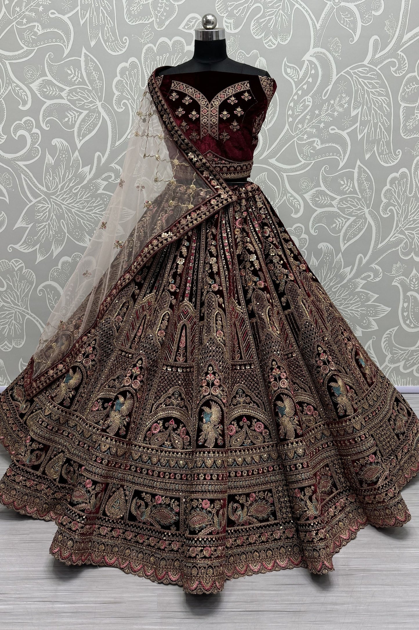 Marron Heavy Velvet Thread & Diamond Worked Indian Wedding Wear Lehenga Choli