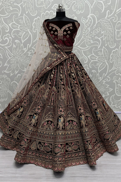 Marron Heavy Velvet Thread & Diamond Worked Indian Wedding Wear Lehenga Choli