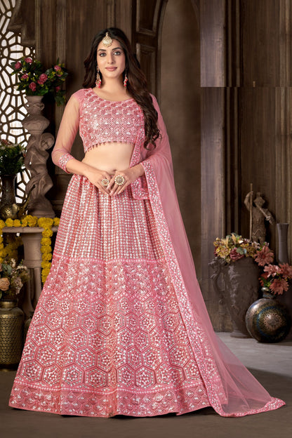 Beautiful Pink Heavy Net Sequence Worked Wedding And Engagement Wear Lehenga Choli