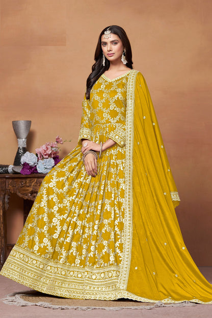 Yellow Dola Jacquard Silk Thread & Embroidery Work For Indian Wedding & Festival wear Anarkali Suit