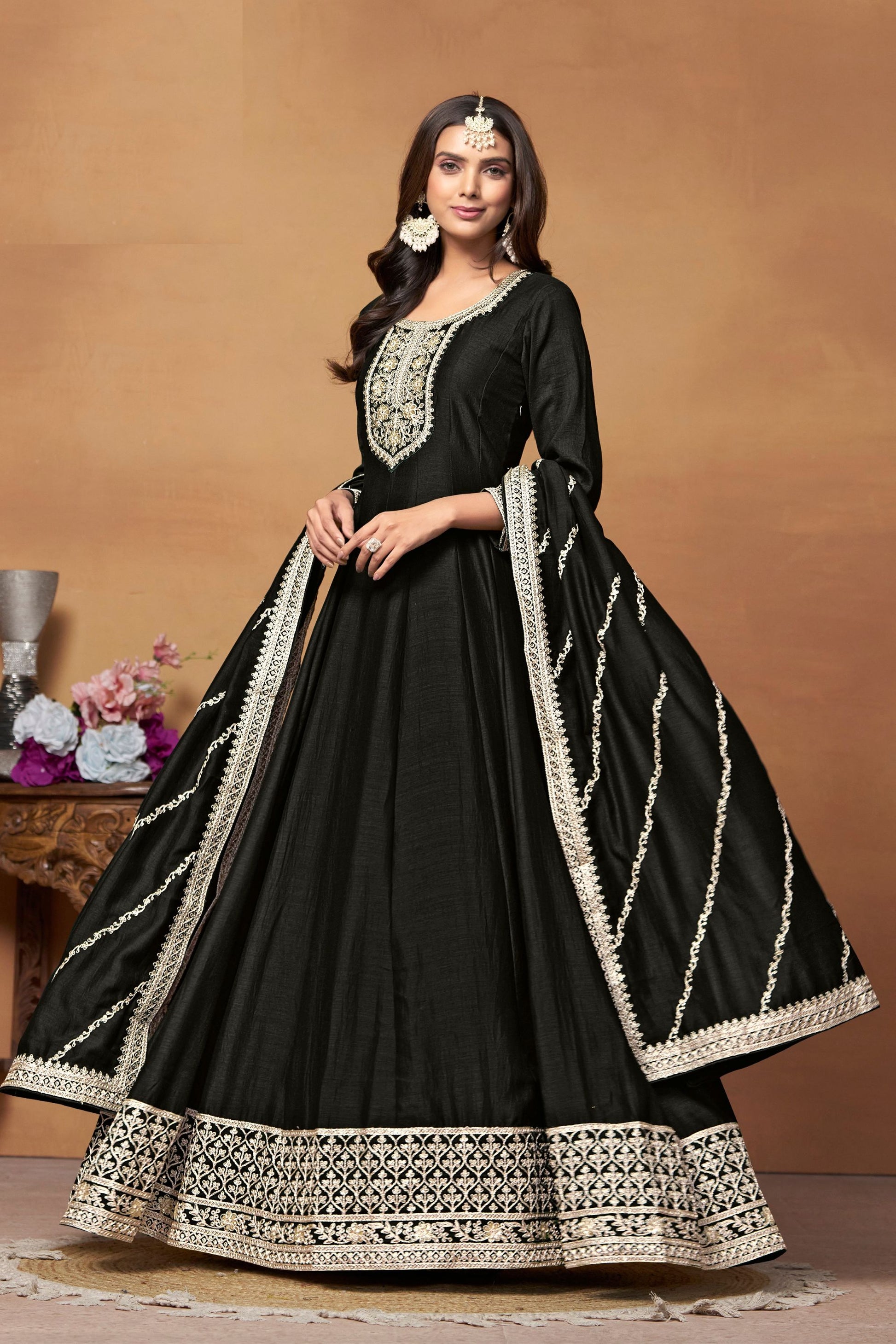 Attractive Black Colored Art Silk Anarkali Gown Suit With Designer Dupatta - Marriott Fashion