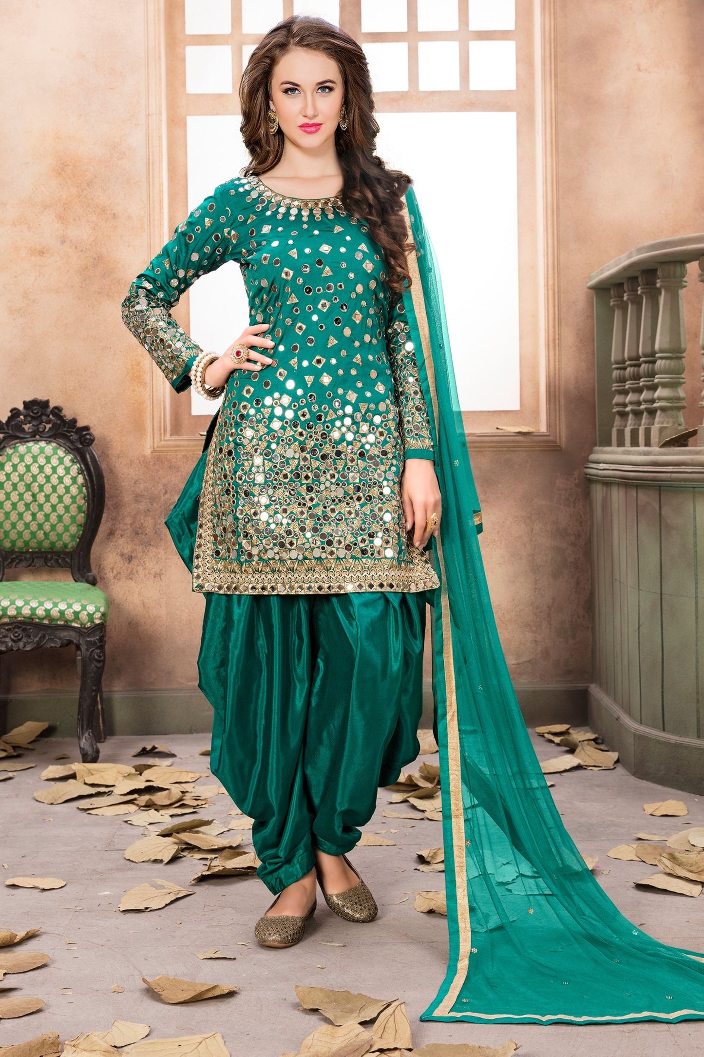 Blue Colored Taffeta Silk Patiyala Suits With Designer Net Dupatta, Heavy Mirror Worked Punjabi Dresses - Marriott Fashion