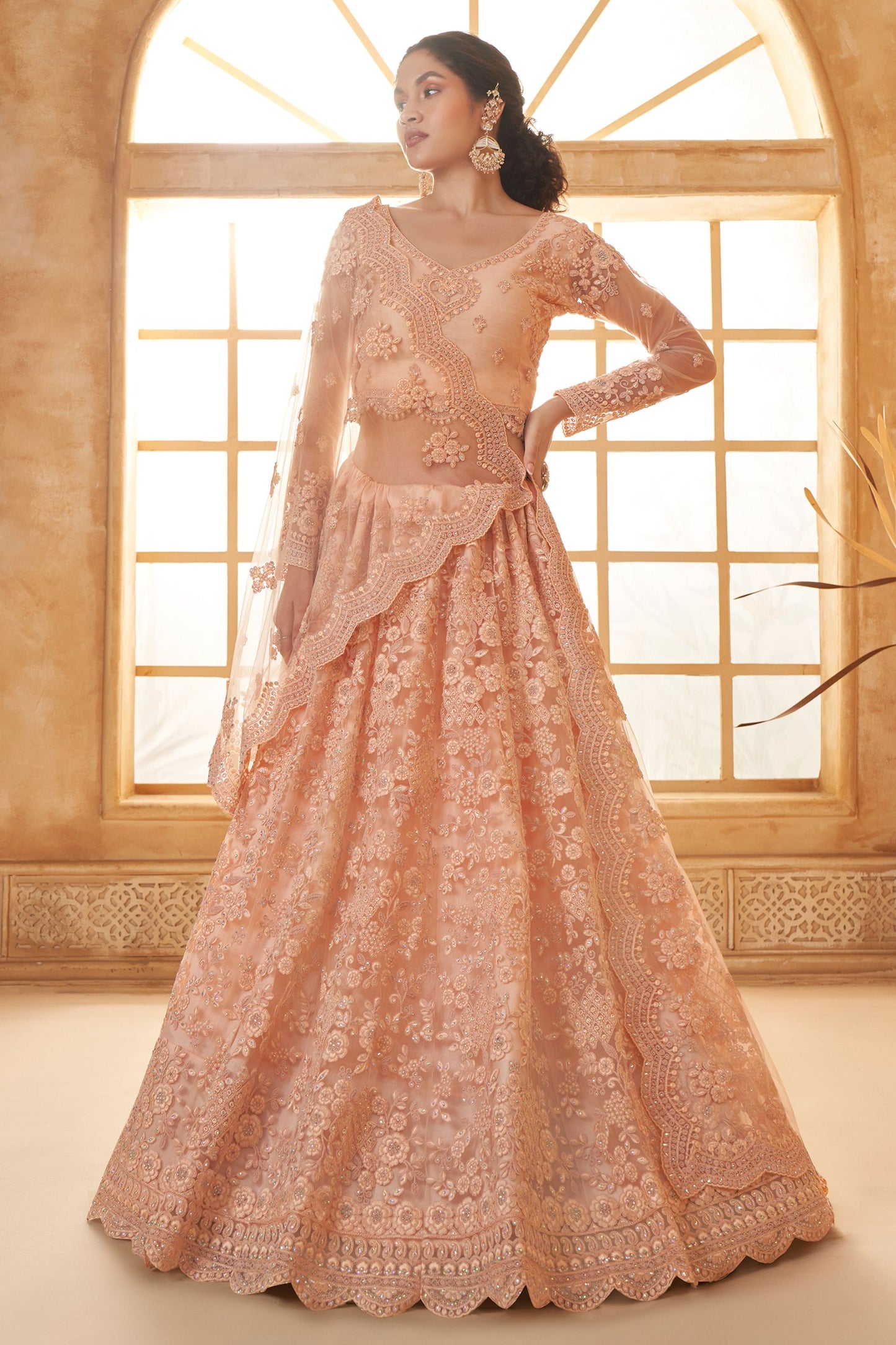 Peach Designer Heavy Net Lehenga Choli With Beautiful Embroidered Dupatta - Marriott Fashion