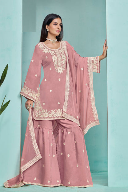 Pink Colored Roman Silk Salwar Kameez With Heavy Organza Dupatta, Festival Wear Sharara Suits For Women - Marriott Fashion