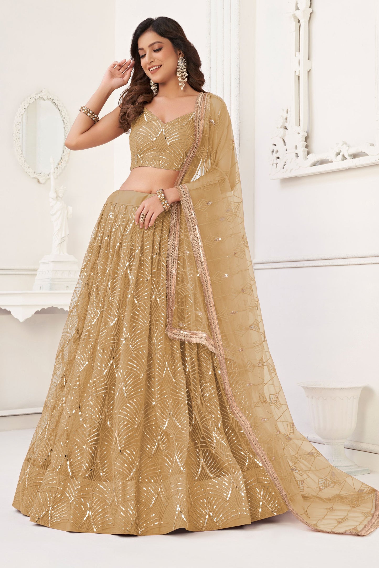 Beige Heavy Net Thread &Embroidery Worked Wedding Function Wear Lehenga Choli