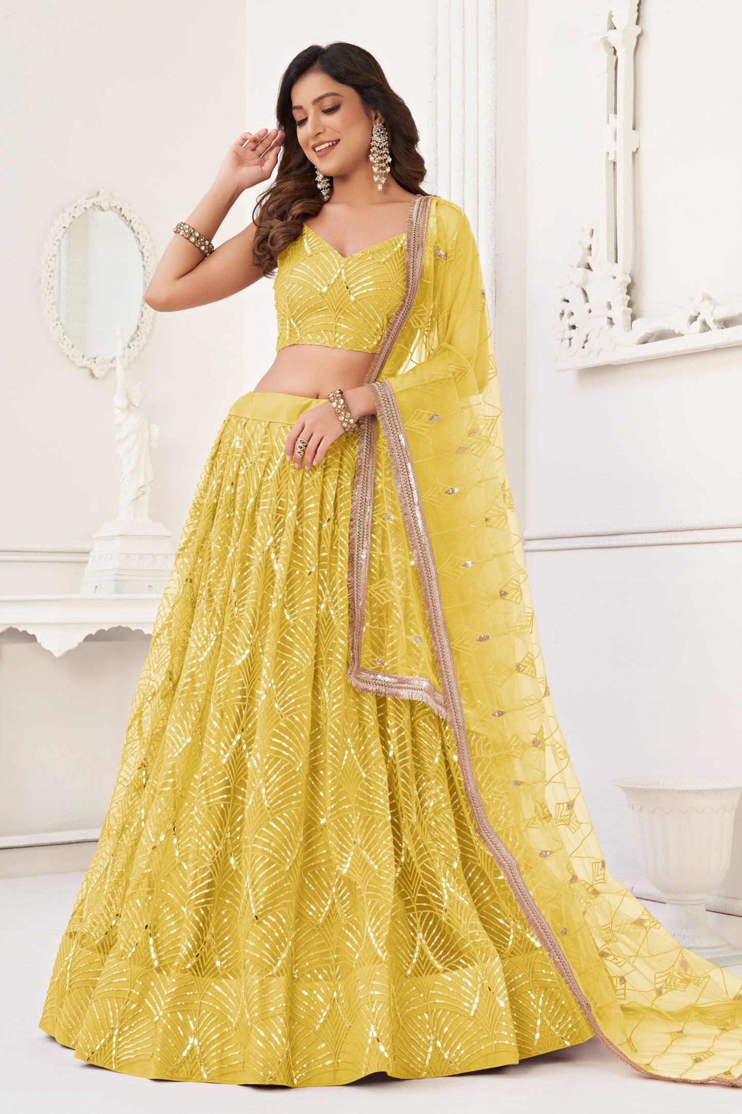 Yellow Butterfly Net Lehenga Choli With Designer Dupatta , Indian Wedding Wear Lehenga Choli - Marriott Fashion