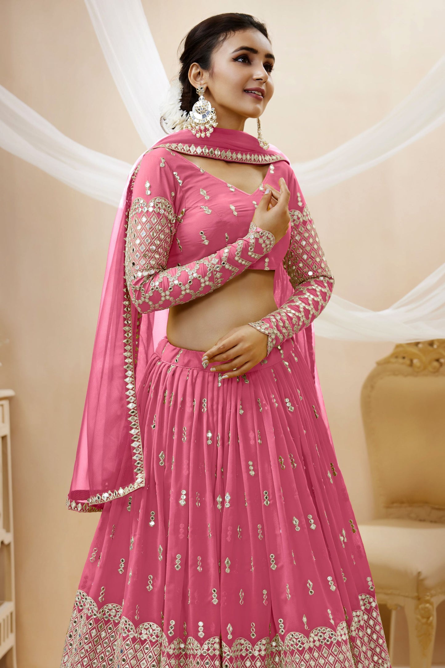 Pink Colored Georgette Lehenga Choli With Designer Net Dupatta - Marriott Fashion