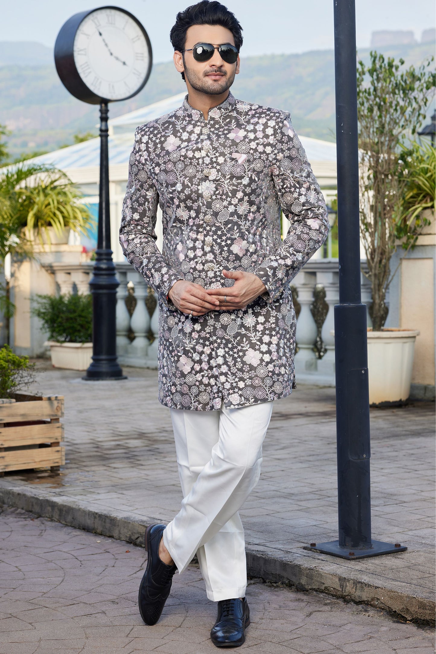 Grey Colored Heavy Velvet Indo Western With Art Silk Pajama, Engagement Wear Set - Marriott Fashion