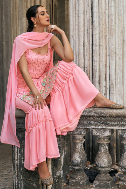 Ready Made Pink Designer Faux Georgette Sharara Suits With Designer Dupatta , Festival Wear Fancy Dresses For Women/ Girls - Marriott Fashion