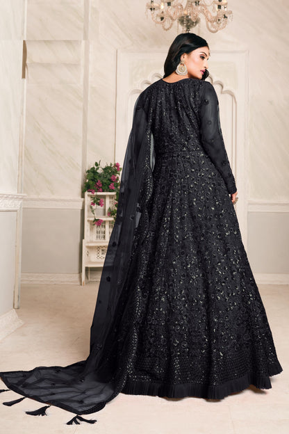 Attractive Black Heavy Net Embroidery Worked Wedding & Festival Wear Anarkali Gown