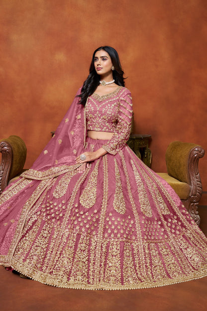 Pink Colored Heavy Net Lehenga Choli Embroidery Worked Dupatta For Indian Wedding Festival Wear - Marriott Fashion