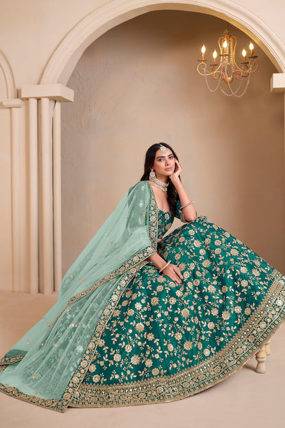 Green  Designer Art Silk Lehenga Choli with Soft Net Dupatta For Wedding & Festival Wear - Embroidery & Sequence Work Lehenga Choli