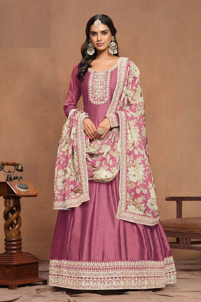 Pink Colored Art Silk Anarkali Gown Suits, Santool Bottom With Organza Printed Dupatta