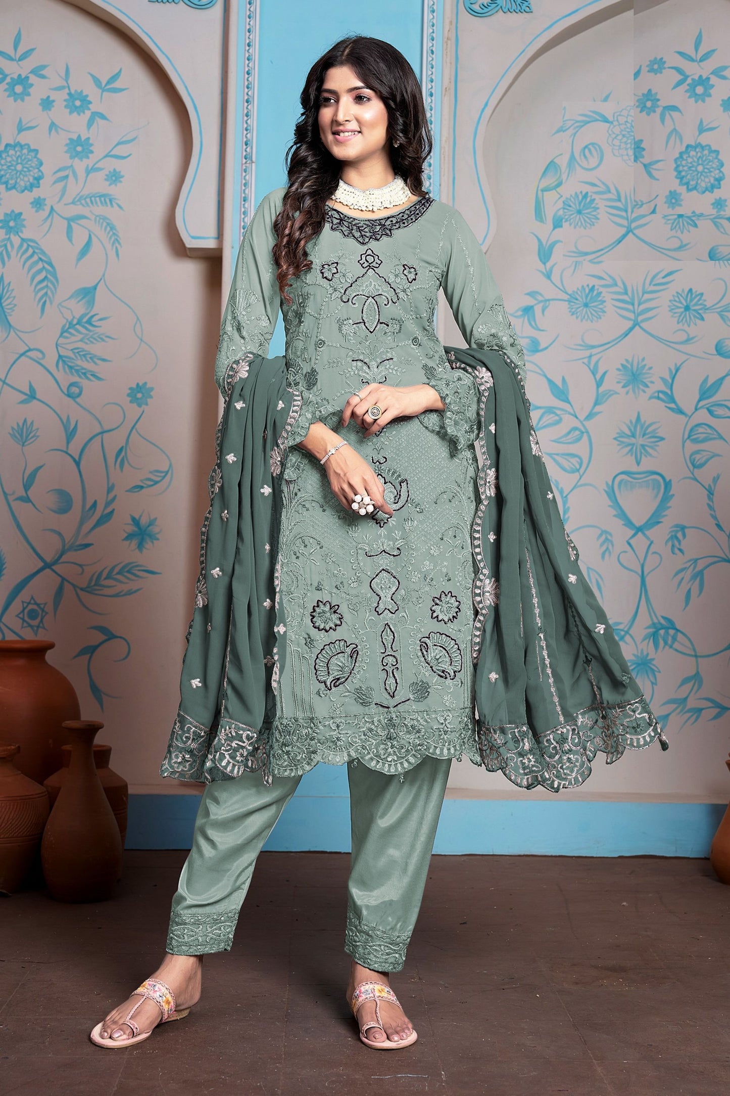 Purple Colored Heavy Faux Georgette Salwar Kameez, Dull Santoon Bottom With Designer Dupatta - Marriott Fashion