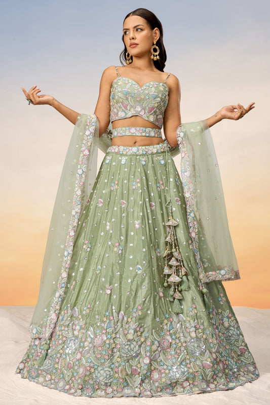 Green Poly Chiffon Thread Worked Wedding &Engagement Wear Attractive Lehenga Choli